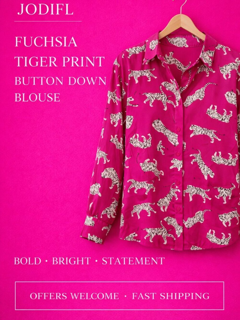 JODIFL Fuchsia Tiger Print Blouse Size L Bold Animal Print Button Down Top